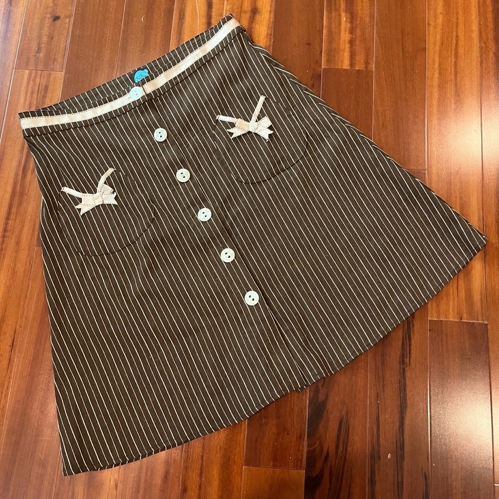 Eva Franco Brown Skirt Stripe Retro Patch Pocket Bows Wool Blend A-line Size 6